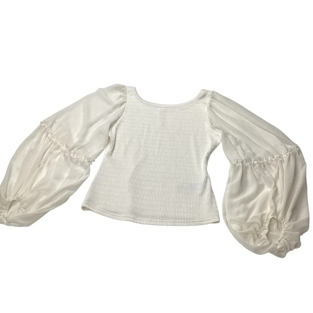 Anthropologie White Textured Knit Sheer‎ Balloon Sleeve Blouse Small